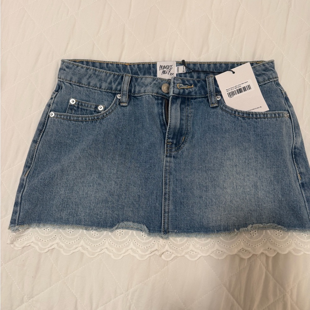 Princess Polly Blue Denim Mini Skirt with White Lace Trim - Picture 3 of 5
